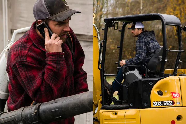 Corey Davison on the phone in a plaid jacket, and running the Cat 303.5 mini excavator