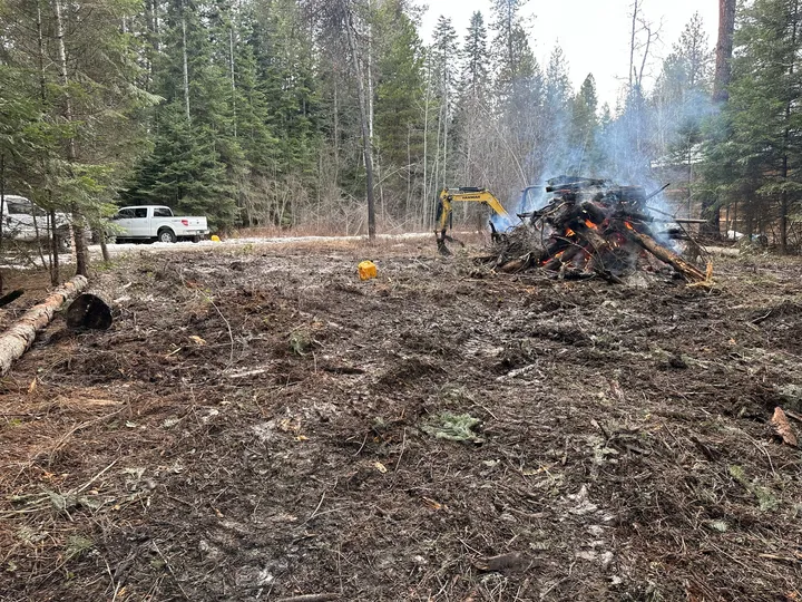 Slash pile burning on a freshly cleared lot with pines behind it