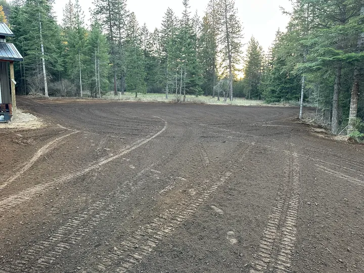 Cleared lot with bare graded dirt and the standing forest edge left around it near Newport, WA